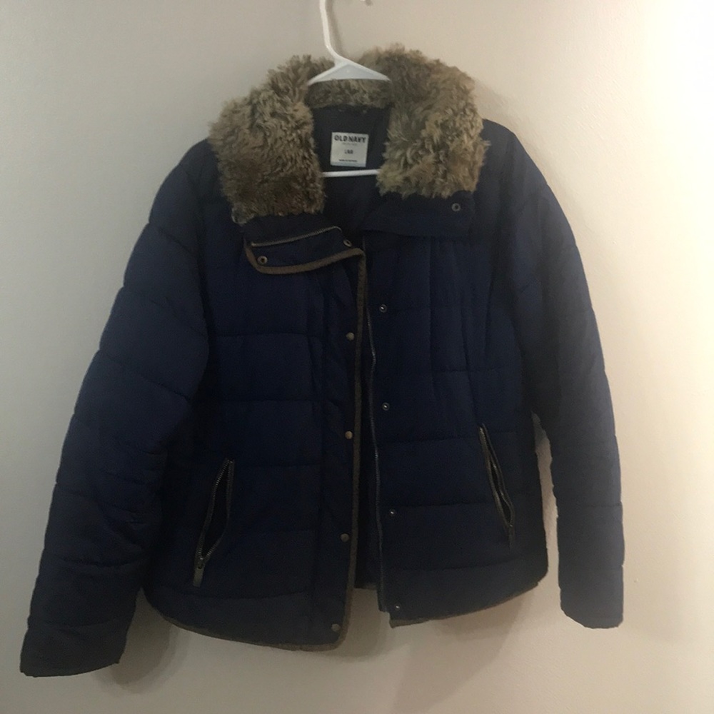 Old Navy blue puffer coat with fur collar